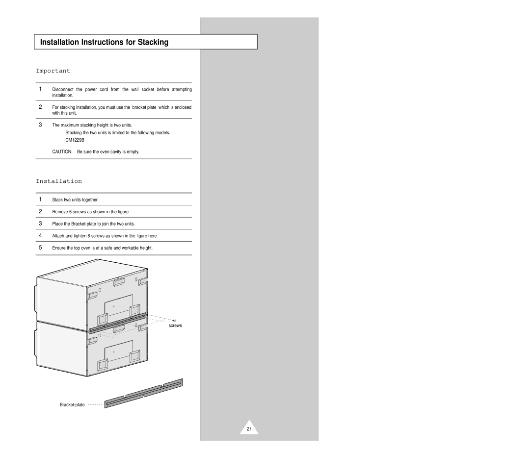 Samsung CM1229B manual Installation Instructions for Stacking 