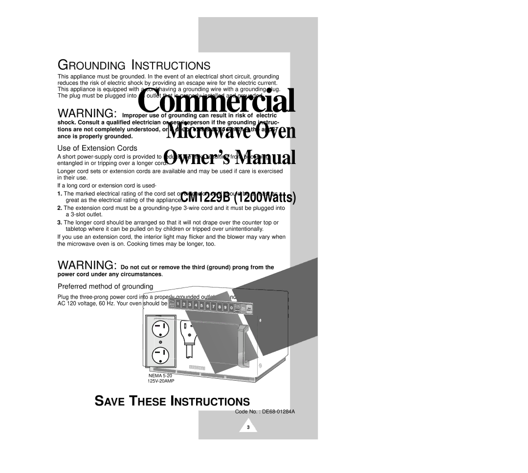 Samsung CM1229B manual Grounding Instructions 