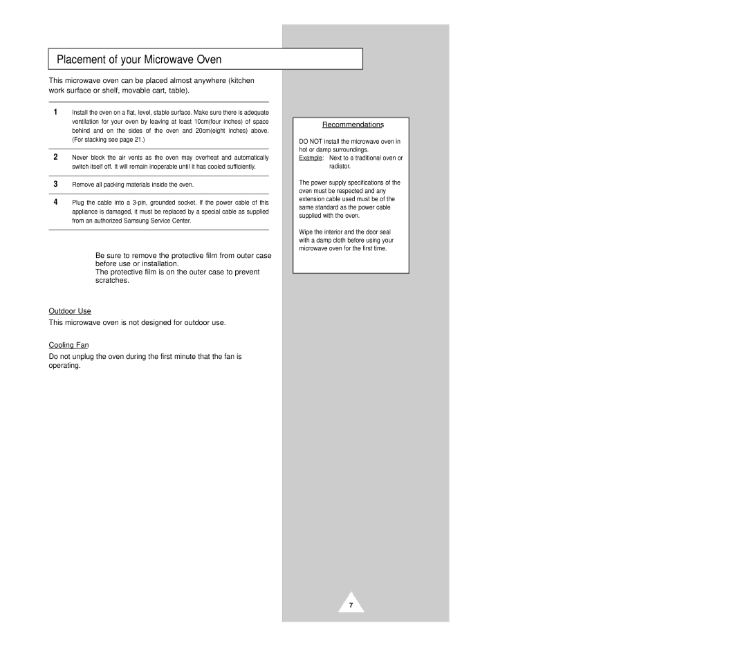 Samsung CM1229B manual Placement of your Microwave Oven, Recommendations 