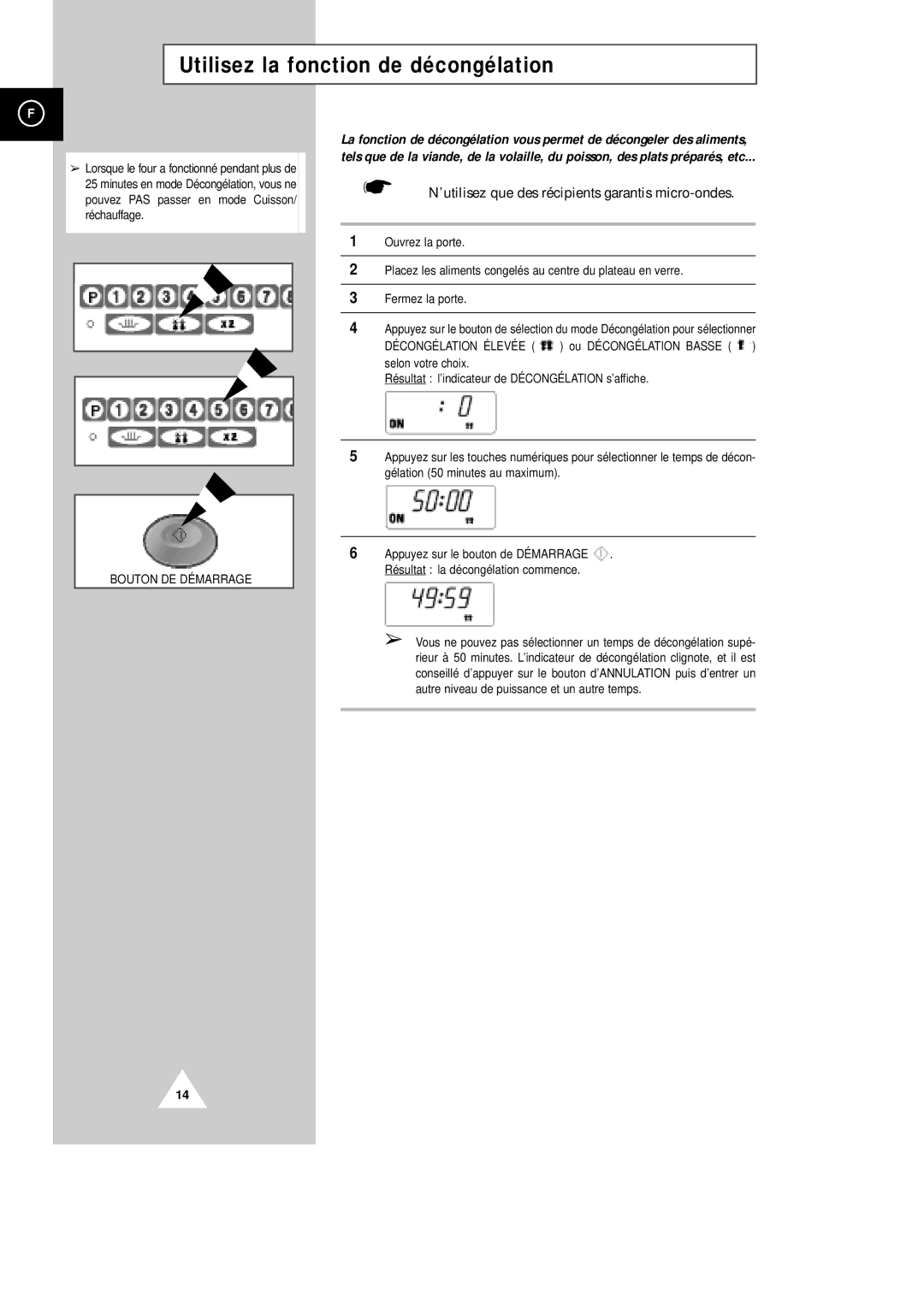 Samsung CM1229/XEF manual Utilisez la fonction de décongélation, ’utilisez que des récipients garantis micro-ondes 