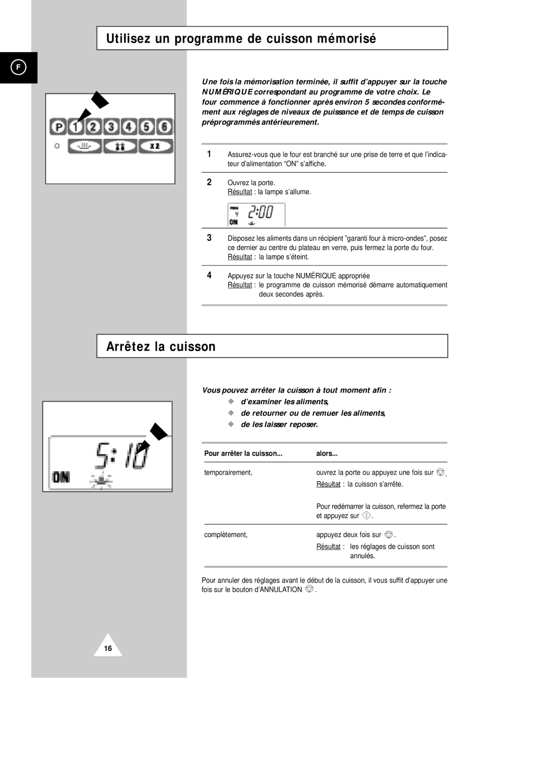 Samsung CM1229/XEF manual Utilisez un programme de cuisson mémorisé, Arrêtez la cuisson, Pour arrê ter la cuisson Alors 