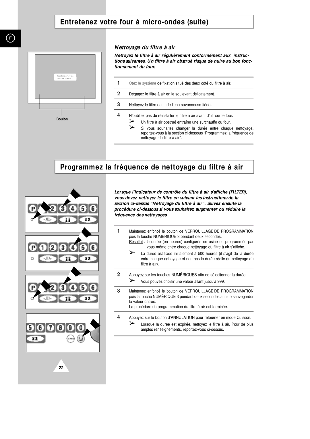 Samsung CM1229/XEF manual Entretenez votre four à micro-ondes suite, Programmez la fréquence de nettoyage du filtre à air 