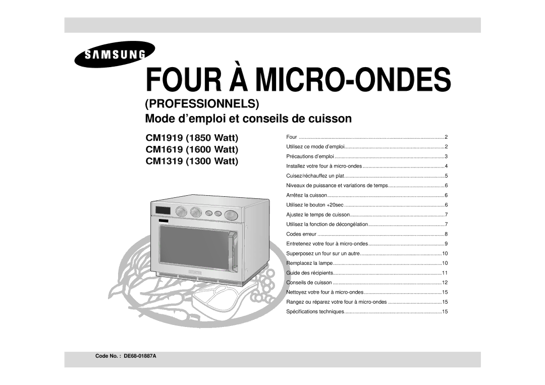 Samsung CM1919/XEF, CM1319/XEF, CM1619/XEF manual Four À MICRO-ONDES, Code No. DE68-01887A 