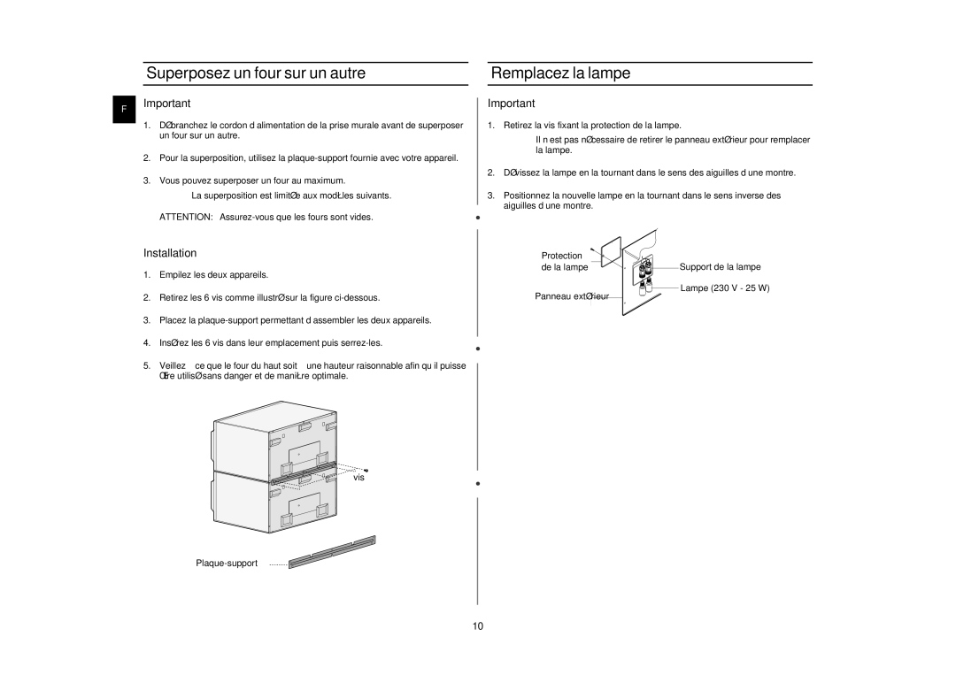 Samsung CM1919/XEF, CM1319/XEF, CM1619/XEF manual Superposez un four sur un autre, Remplacez la lampe 