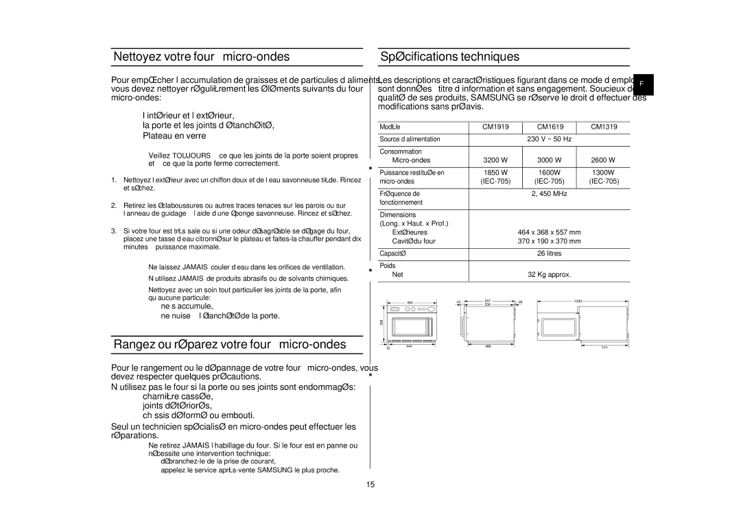 Samsung CM1319/XEF manual Nettoyez votre four à micro-ondes, Spécifications techniques, CM1919 CM1619 CM1319, Dimensions 