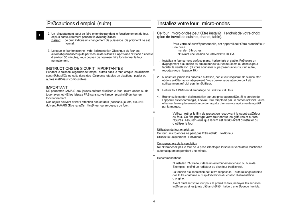 Samsung CM1919/XEF, CM1319/XEF, CM1619/XEF manual Instructions DE Sécurité Importantes, Recommandations 