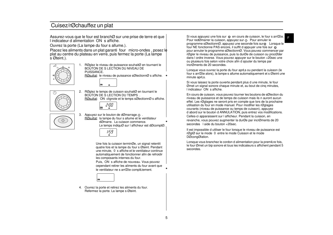 Samsung CM1619/XEF, CM1319/XEF, CM1919/XEF manual Cuisez/réchauffez un plat, Bouton DE Sélection DU Niveau DE Puissance 