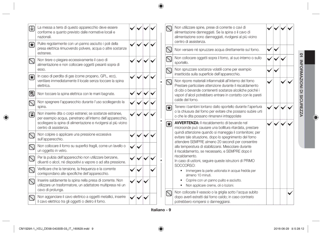 Samsung CM1329A/XEU, CM1529A-1/XEU, CM1929/XEF, CM1929A/XEU, CM1929/XET Non versare né spruzzare acqua direttamente sul forno 