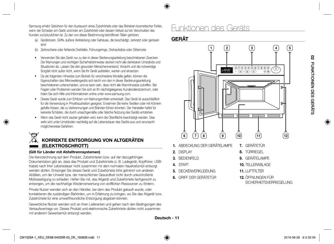 Samsung CM1529A-1/XEU, CM1329A/XEU, CM1929/XEF, CM1929A/XEU manual Funktionen des Geräts, Gerätetür, Erätsseg NED F 02UNKTION 