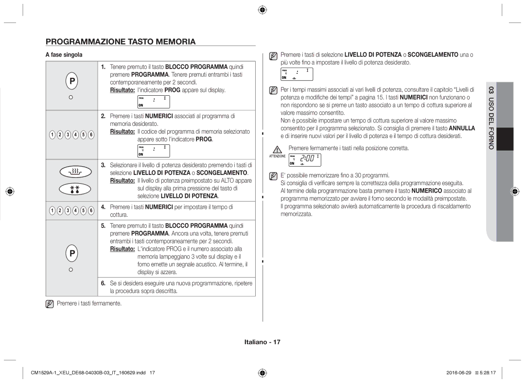 Samsung CM1929A/XEU, CM1329A/XEU, CM1529A-1/XEU Programmazione tasto memoria, Fase singola, Selezione Livello DI Potenza 