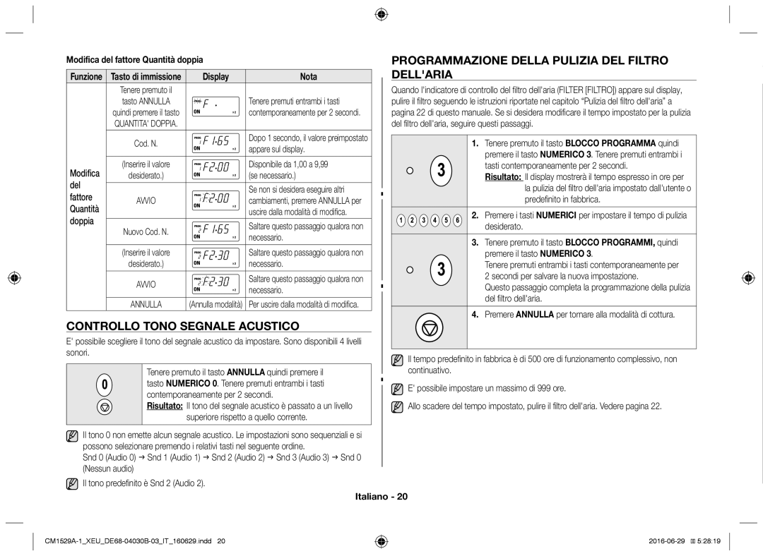 Samsung CM1529A-1/XEU, CM1929/XEF Programmazione della pulizia del filtro, Dellaria, Controllo tono segnale acustico, Nota 