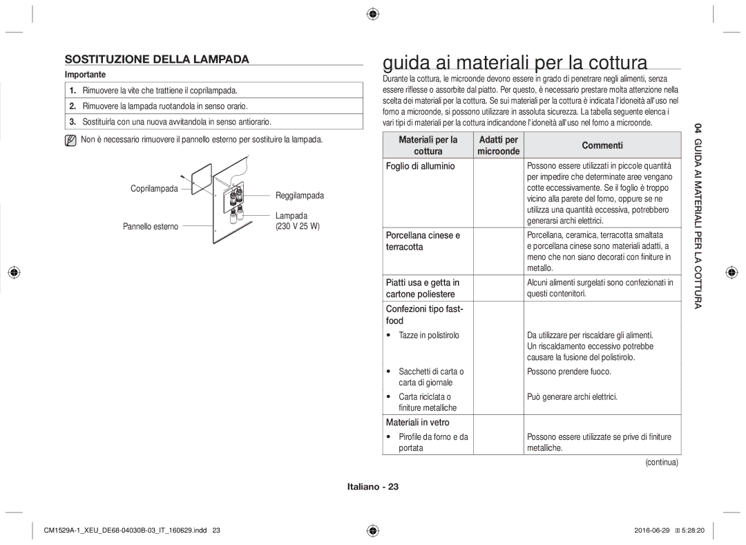 Samsung CM1929/XET Guida ai materiali per la cottura, Sostituzione della lampada, Materiali per la, Commenti, Cottura 