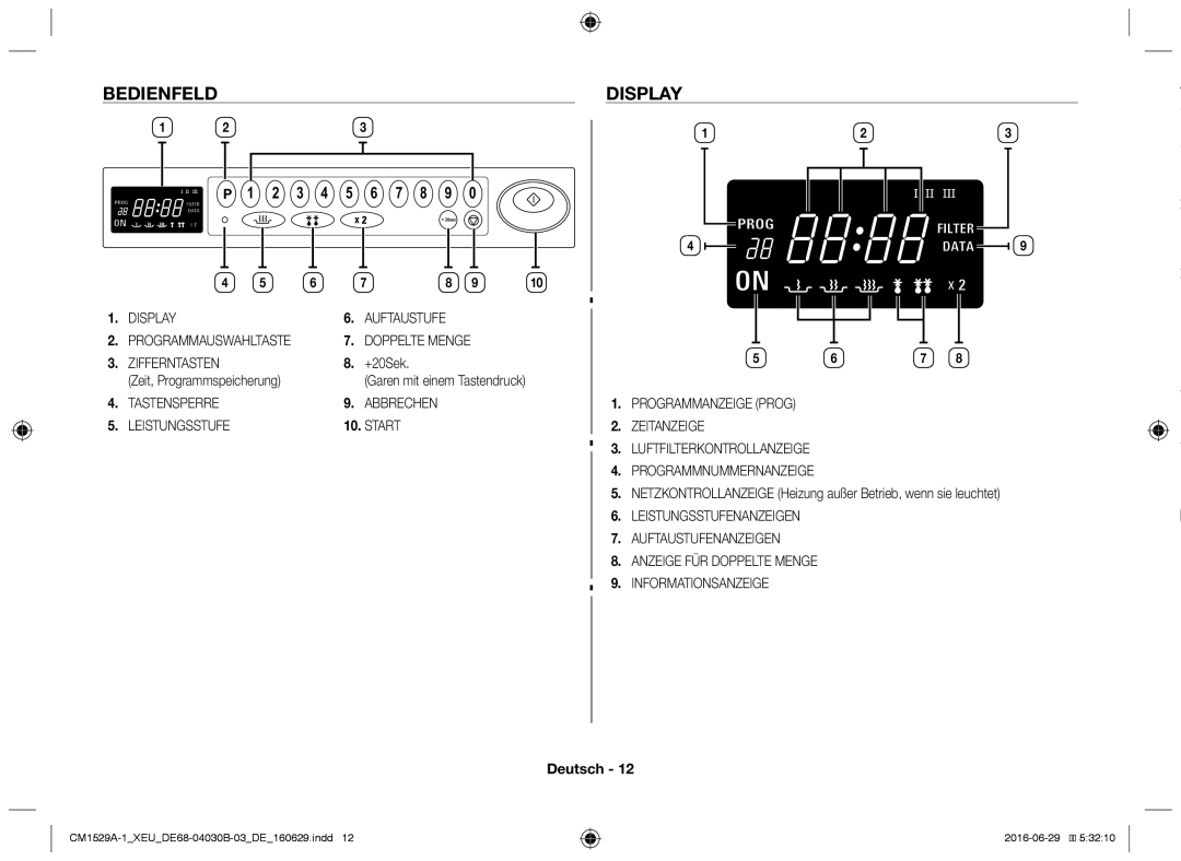 Samsung CM1929/XEF, CM1329A/XEU, CM1529A-1/XEU, CM1929A/XEU, CM1929/XET manual Bedienfeld, Display 