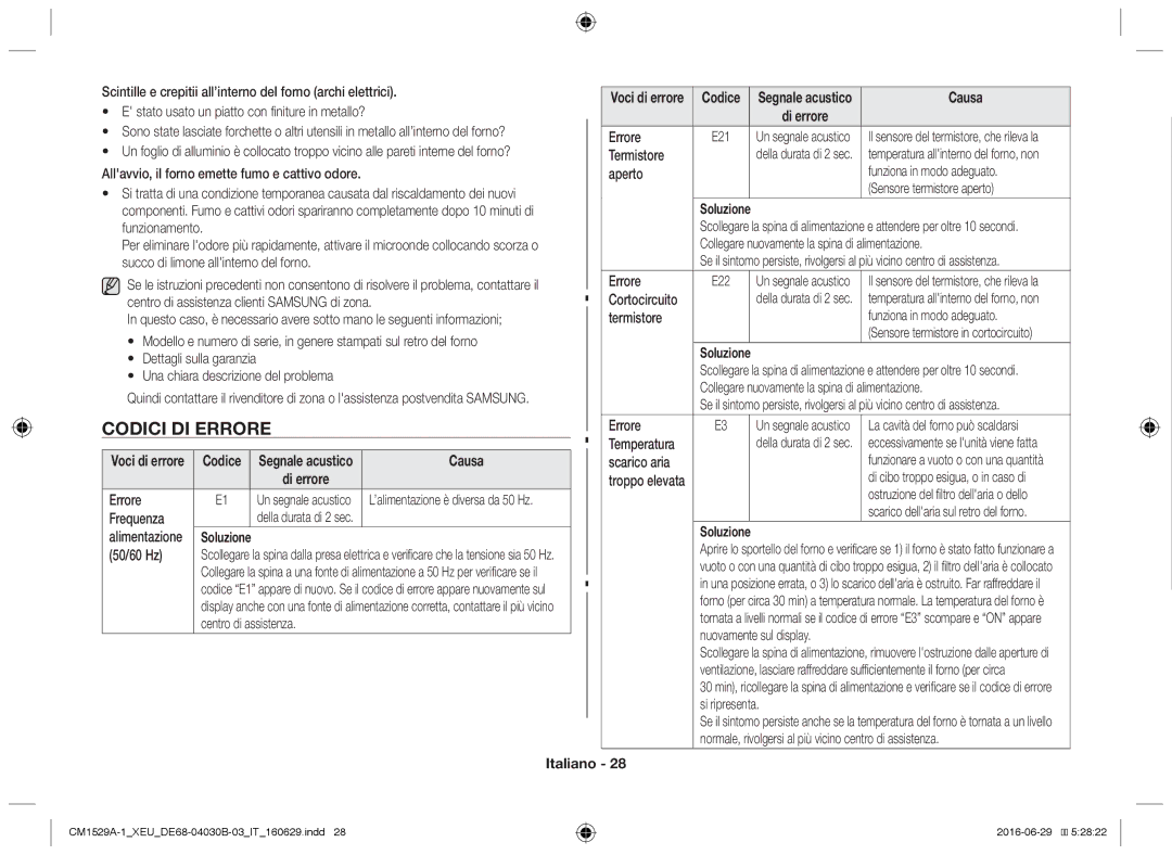 Samsung CM1929/XET, CM1329A/XEU, CM1529A-1/XEU, CM1929/XEF, CM1929A/XEU manual Codici di errore, Di errore, Soluzione 