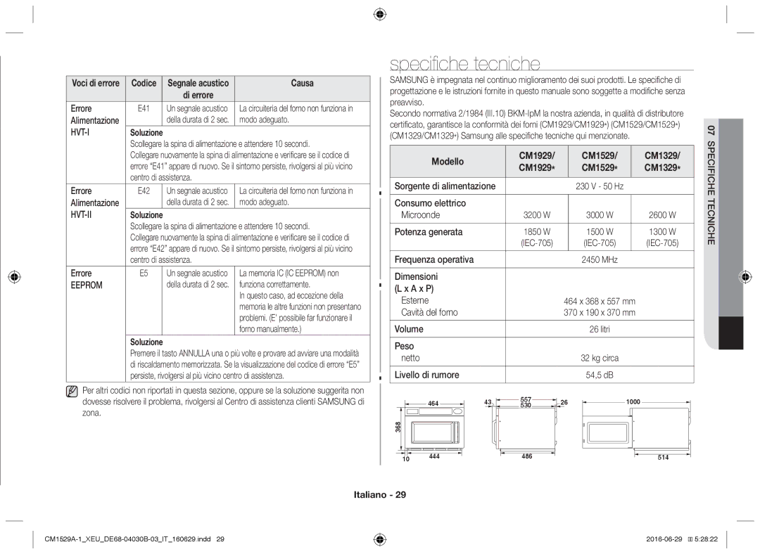 Samsung CM1329A/XEU, CM1529A-1/XEU, CM1929/XEF, CM1929A/XEU manual Specifiche tecniche, Eeprom, Modello CM1929 CM1529 CM1329 