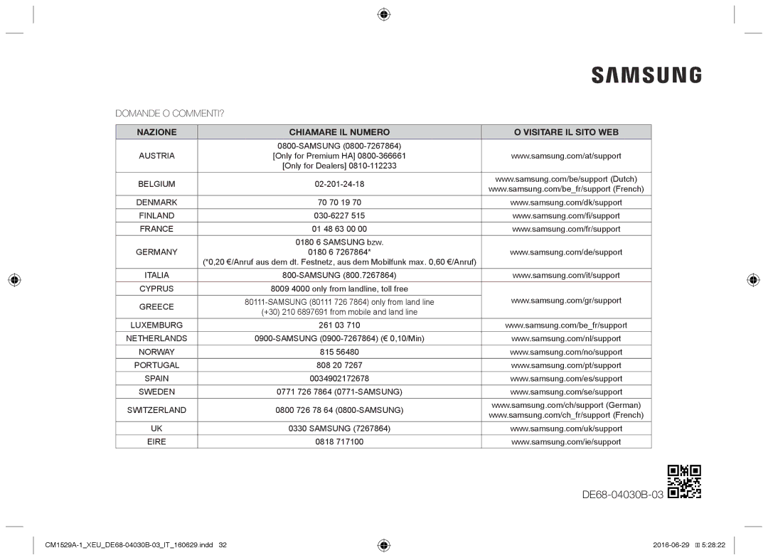 Samsung CM1929A/XEU, CM1329A/XEU, CM1529A-1/XEU manual Domande O COMMENTI?, Nazione Chiamare IL Numero Visitare IL Sito WEB 