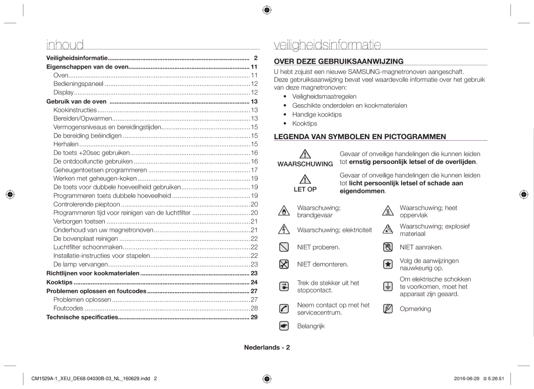 Samsung CM1329A/XEU, CM1529A-1/XEU, CM1929/XEF Inhoud, Veiligheidsinformatie, Waarschuwing LET OP, Eigendommen, Nederlands 