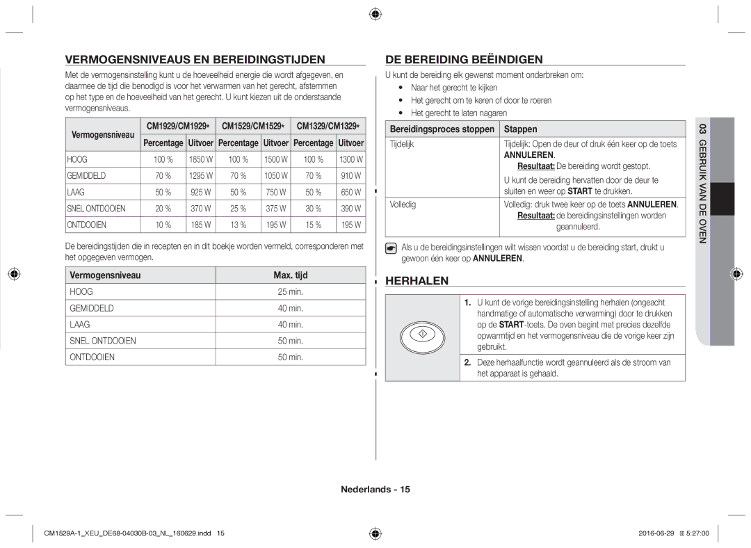 Samsung CM1929A/XEU, CM1329A/XEU manual Vermogensniveaus en bereidingstijden, De bereiding beëindigen, Herhalen, Annuleren 