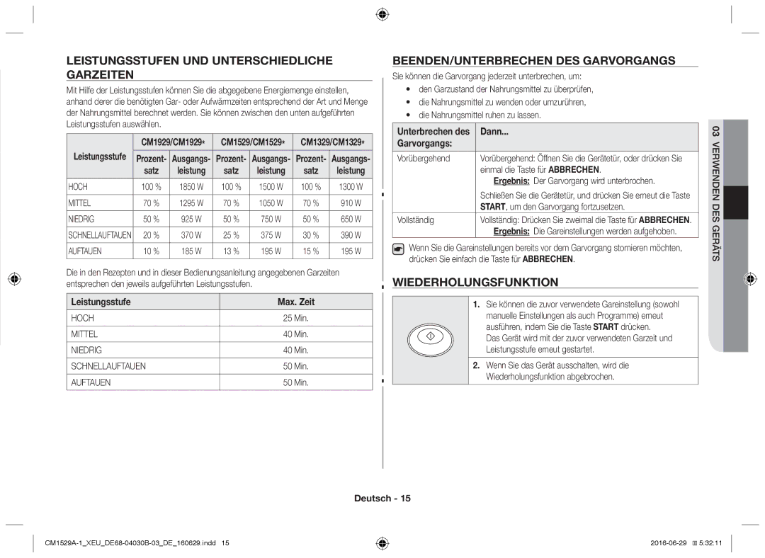 Samsung CM1329A/XEU, CM1529A-1/XEU Leistungsstufen und unterschiedliche Garzeiten, Beenden/Unterbrechen des Garvorgangs 