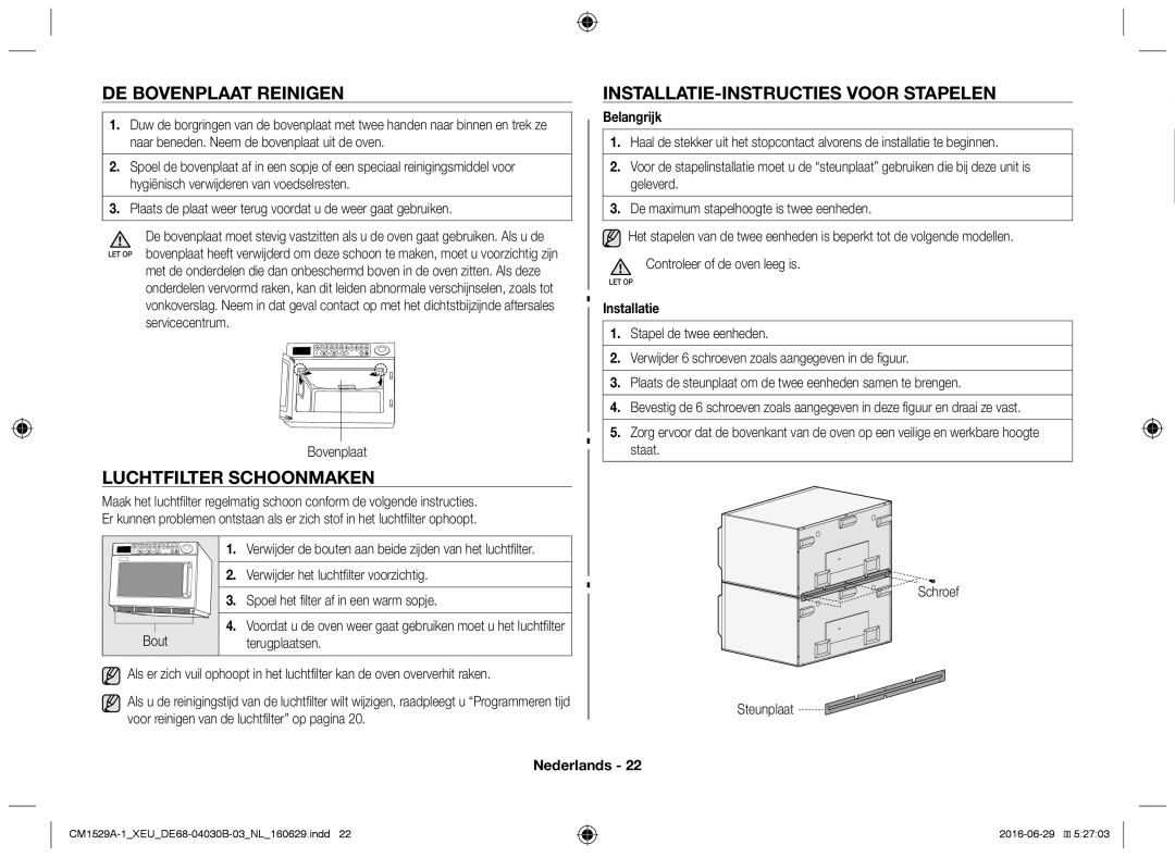 Samsung CM1329A/XEU, CM1529A-1/XEU De bovenplaat reinigen, Luchtfilter schoonmaken, Installatie-instructies voor stapelen 