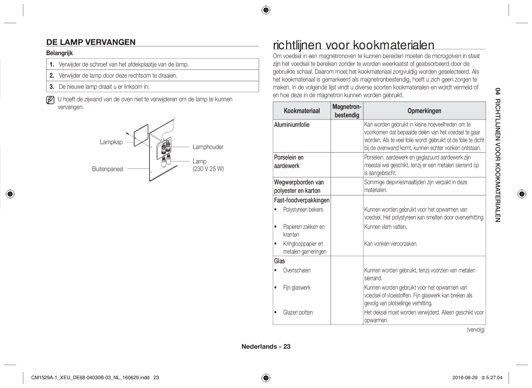 Samsung CM1529A-1/XEU, CM1329A/XEU, CM1929/XEF, CM1929A/XEU Richtlijnen voor kookmaterialen, De lamp vervangen, Opmerkingen 