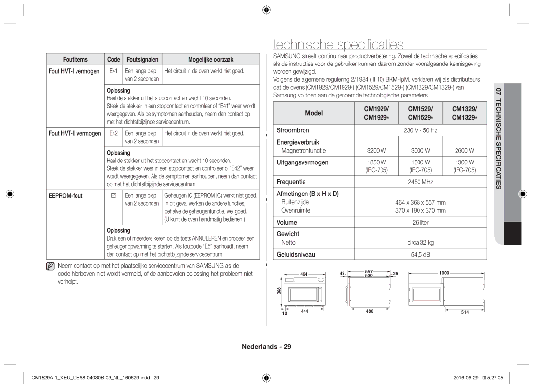 Samsung CM1929/XEF, CM1329A/XEU, CM1529A-1/XEU, CM1929A/XEU, CM1929/XET Technische specificaties, Model CM1929 CM1529 CM1329 