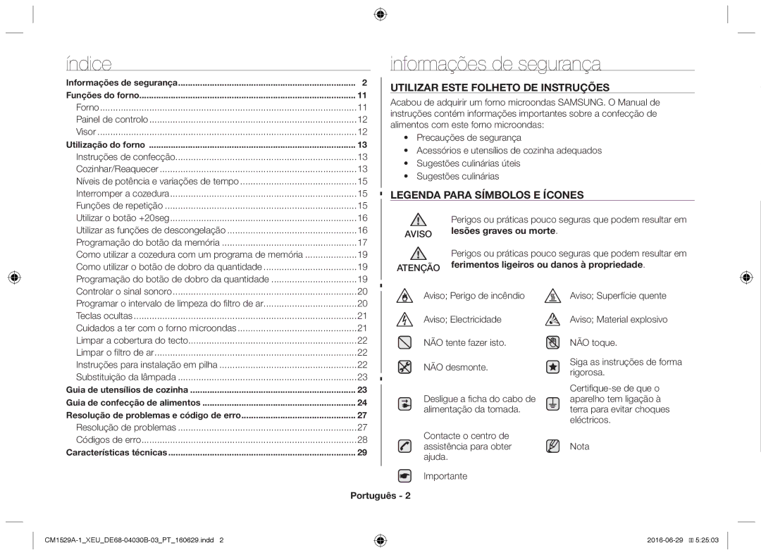 Samsung CM1929/XEF Informações de segurança, Lesões graves ou morte, Atenção, Ferimentos ligeiros ou danos à propriedade 