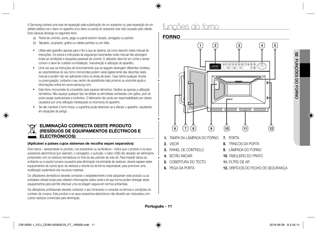 Samsung CM1529A-1/XEU, CM1329A/XEU, CM1929/XEF, CM1929A/XEU, CM1929/XET manual Funções do forno, Porta, Rnoof OD ESÕ Nçfu 