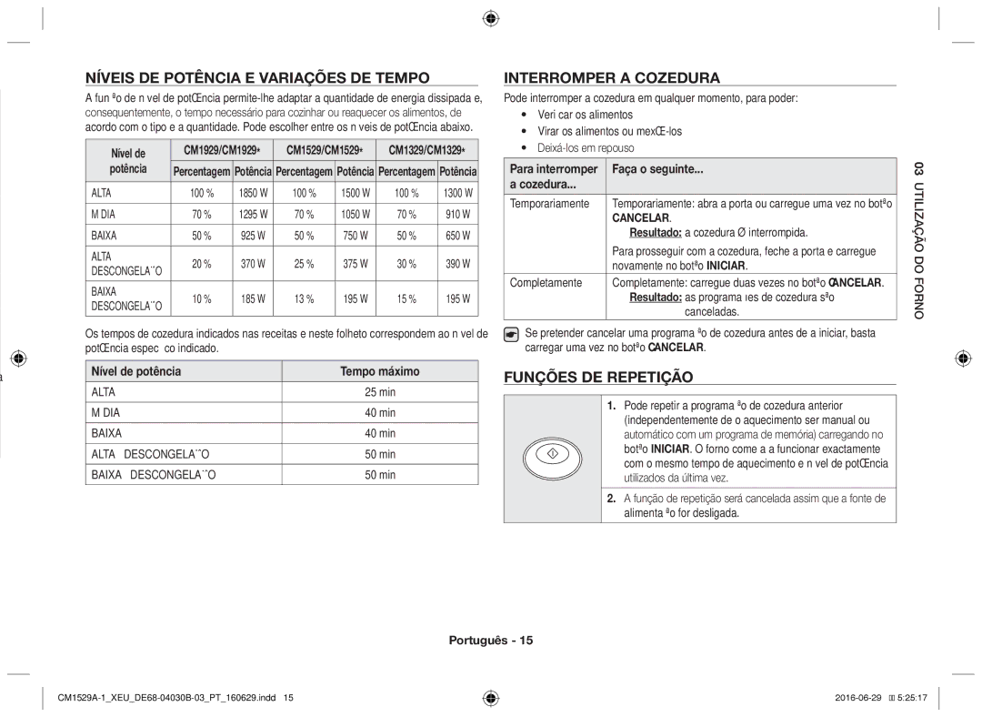 Samsung CM1329A/XEU, CM1529A-1/XEU Níveis de potência e variações de tempo, Interromper a cozedura, Funções de repetição 