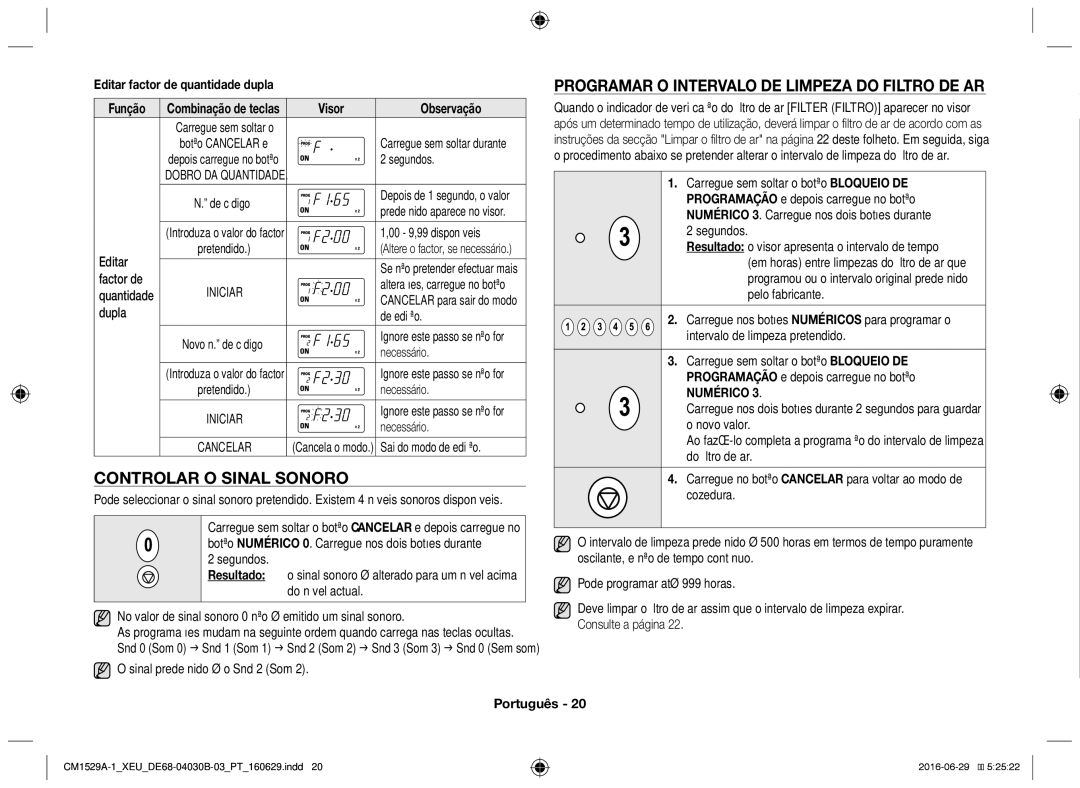 Samsung CM1329A/XEU, CM1529A-1/XEU Controlar o sinal sonoro, Programar o intervalo de limpeza do filtro de ar, Observação 