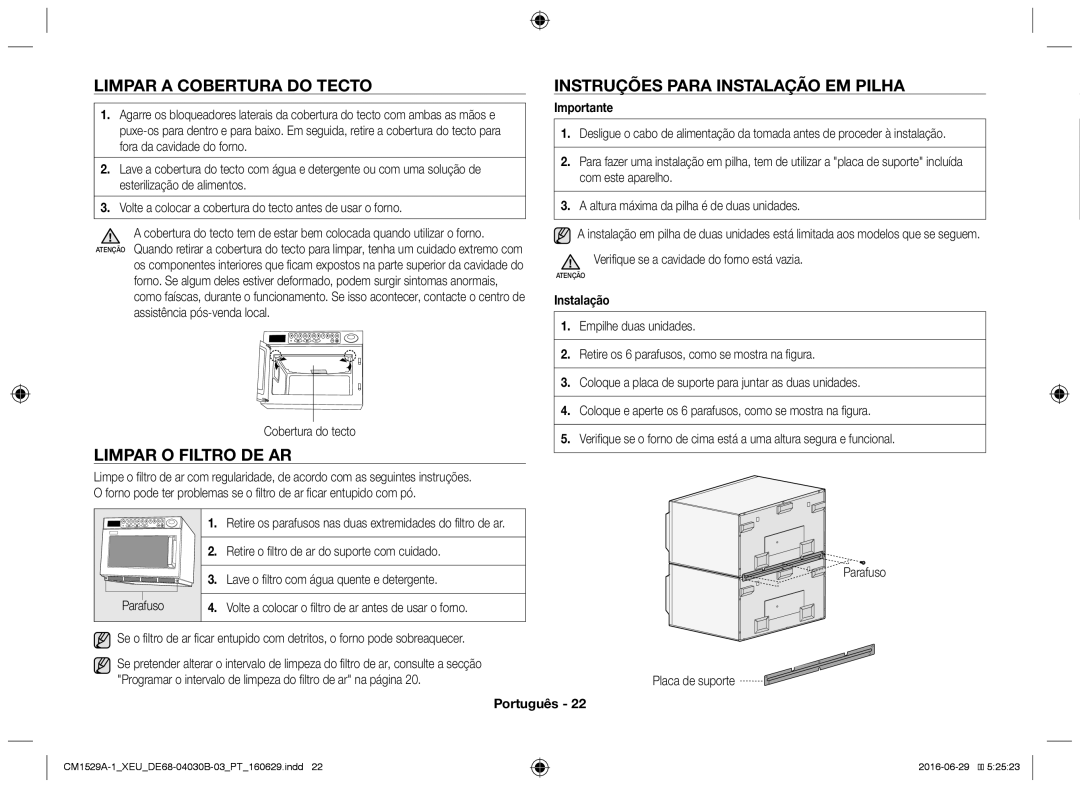 Samsung CM1929/XEF, CM1329A/XEU Limpar a cobertura do tecto, Limpar o filtro de ar, Instruções para instalação em pilha 