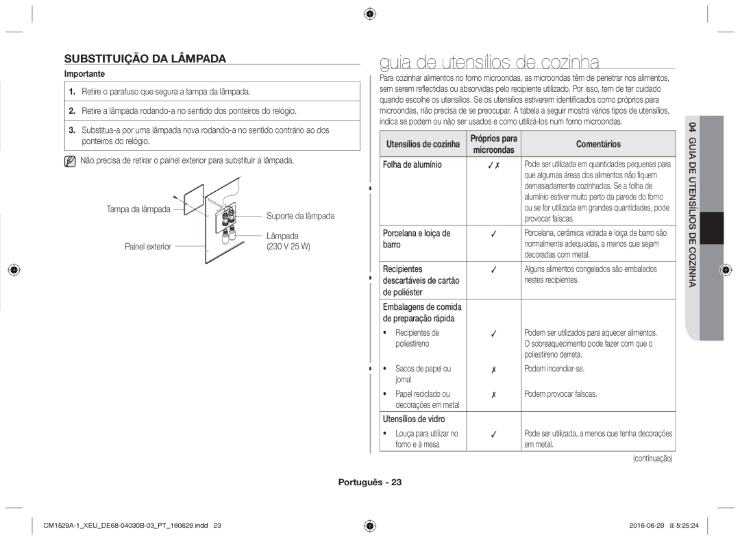 Samsung CM1929A/XEU manual Guia de utensílios de cozinha, Substituição da lâmpada, Comentários, Edcozinha U D Iatensíliosgu 