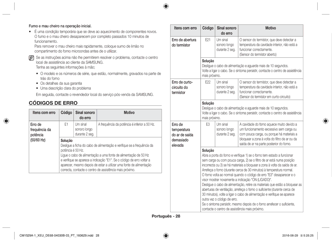 Samsung CM1929A/XEU, CM1329A/XEU, CM1529A-1/XEU, CM1929/XEF, CM1929/XET manual Códigos de erro, Motivo, Do erro, Solução 
