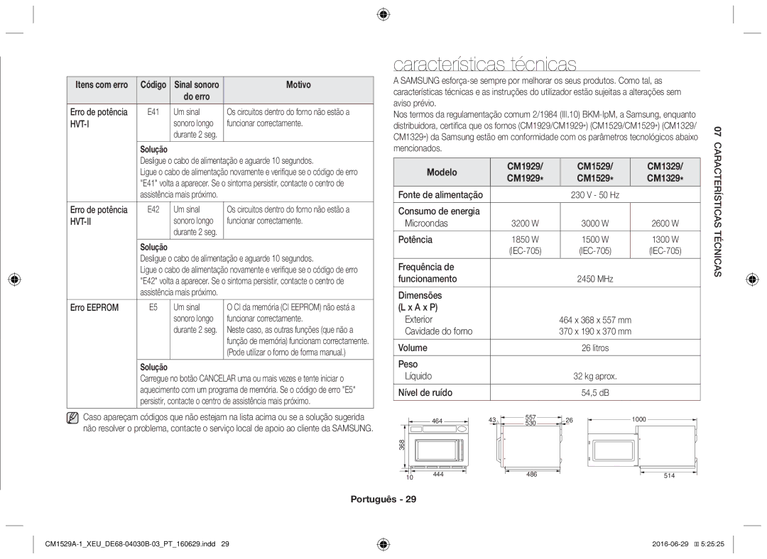 Samsung CM1929/XET, CM1329A/XEU, CM1529A-1/XEU, CM1929/XEF, CM1929A/XEU manual Características técnicas 