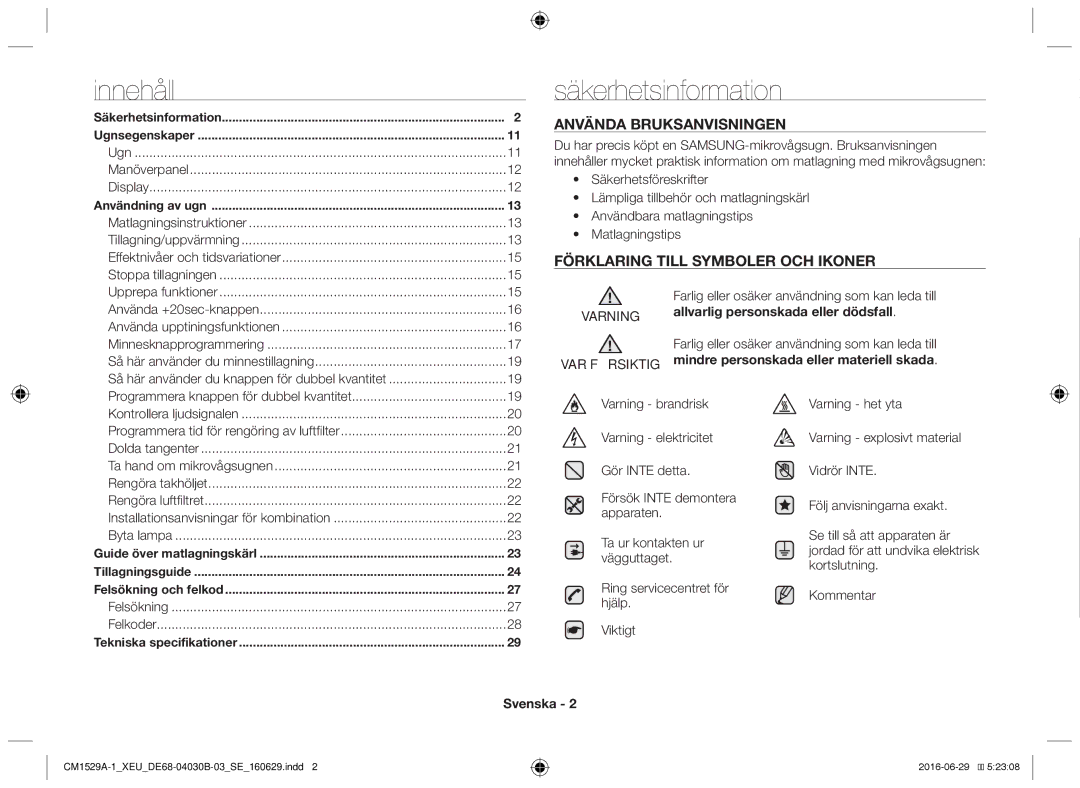Samsung CM1929/XET, CM1329A/XEU, CM1529A-1/XEU, CM1929/XEF Innehåll, Säkerhetsinformation, Varning VAR Försiktig, Svenska 