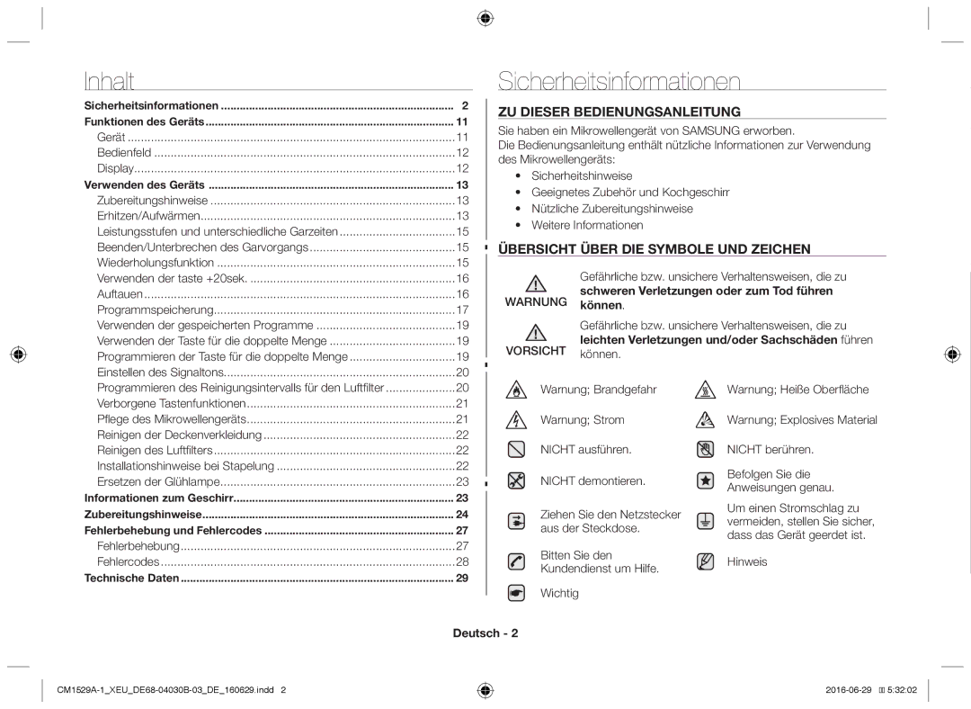 Samsung CM1929/XEF, CM1329A/XEU, CM1529A-1/XEU, CM1929A/XEU manual Inhalt, Sicherheitsinformationen, Warnung Vorsicht, Deutsch 