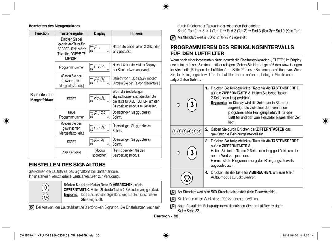 Samsung CM1329A/XEU manual Einstellen des Signaltons, Programmieren des Reinigungsintervalls für den Luftfilter, Hinweis 