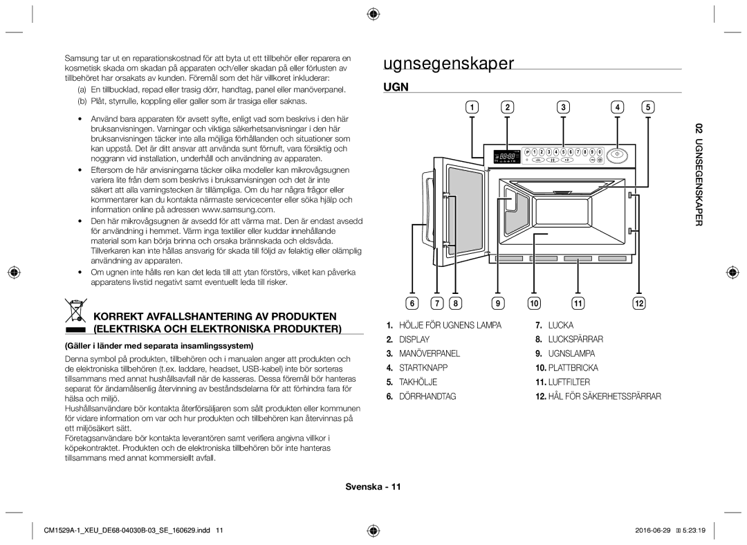 Samsung CM1929A/XEU, CM1329A/XEU, CM1529A-1/XEU, CM1929/XEF, CM1929/XET manual Ugnsegenskaper, Lucka, Pe e genska ugns 