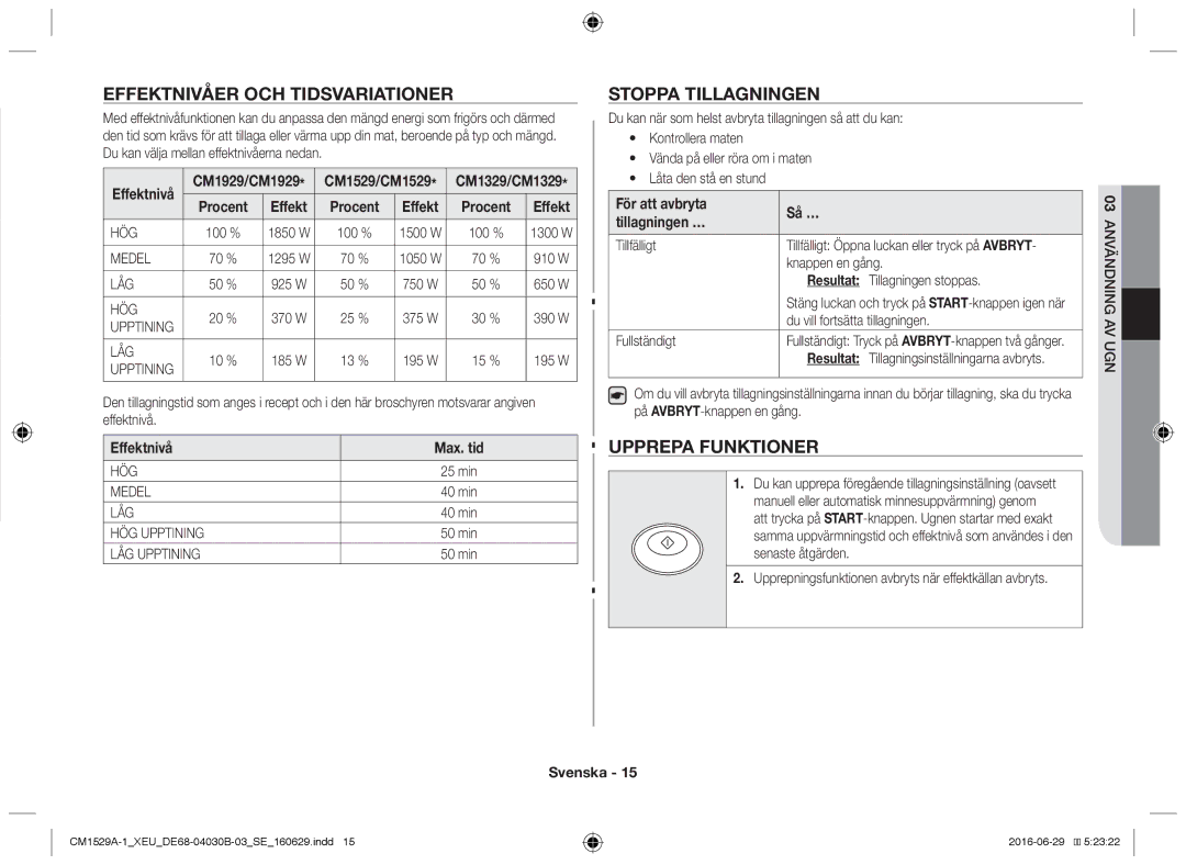 Samsung CM1929/XEF, CM1329A/XEU, CM1529A-1/XEU Effektnivåer och tidsvariationer, Stoppa tillagningen, Upprepa funktioner 