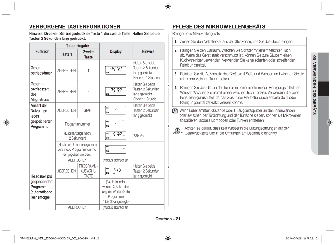 Samsung CM1529A-1/XEU, CM1329A/XEU, CM1929/XEF manual Verborgene Tastenfunktionen, Pflege des Mikrowellengeräts, Funktion 