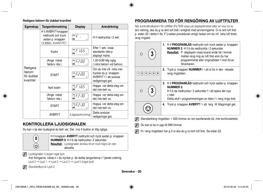 Samsung CM1929/XEF, CM1329A/XEU Programmera tid för rengöring av luftfilter, Kontrollera ljudsignalen, Anmärkning, Nummer 