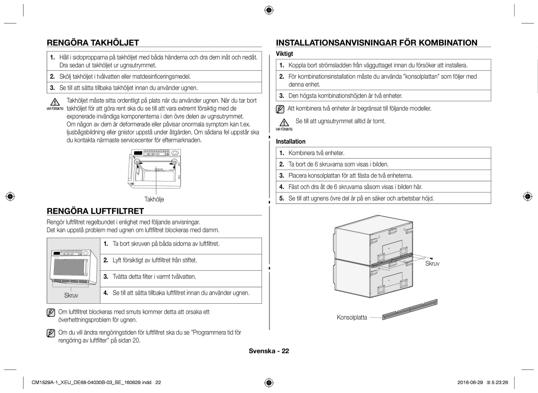 Samsung CM1929/XET, CM1329A/XEU manual Rengöra takhöljet, Rengöra luftfiltret, Installationsanvisningar för kombination 