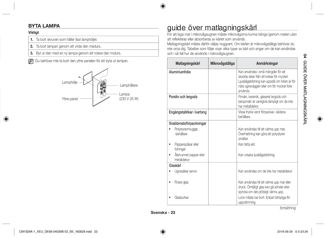 Samsung CM1329A/XEU, CM1529A-1/XEU, CM1929/XEF manual Guide över matlagningskärl, Byta lampa, Matlagningskärl, Anmärkningar 