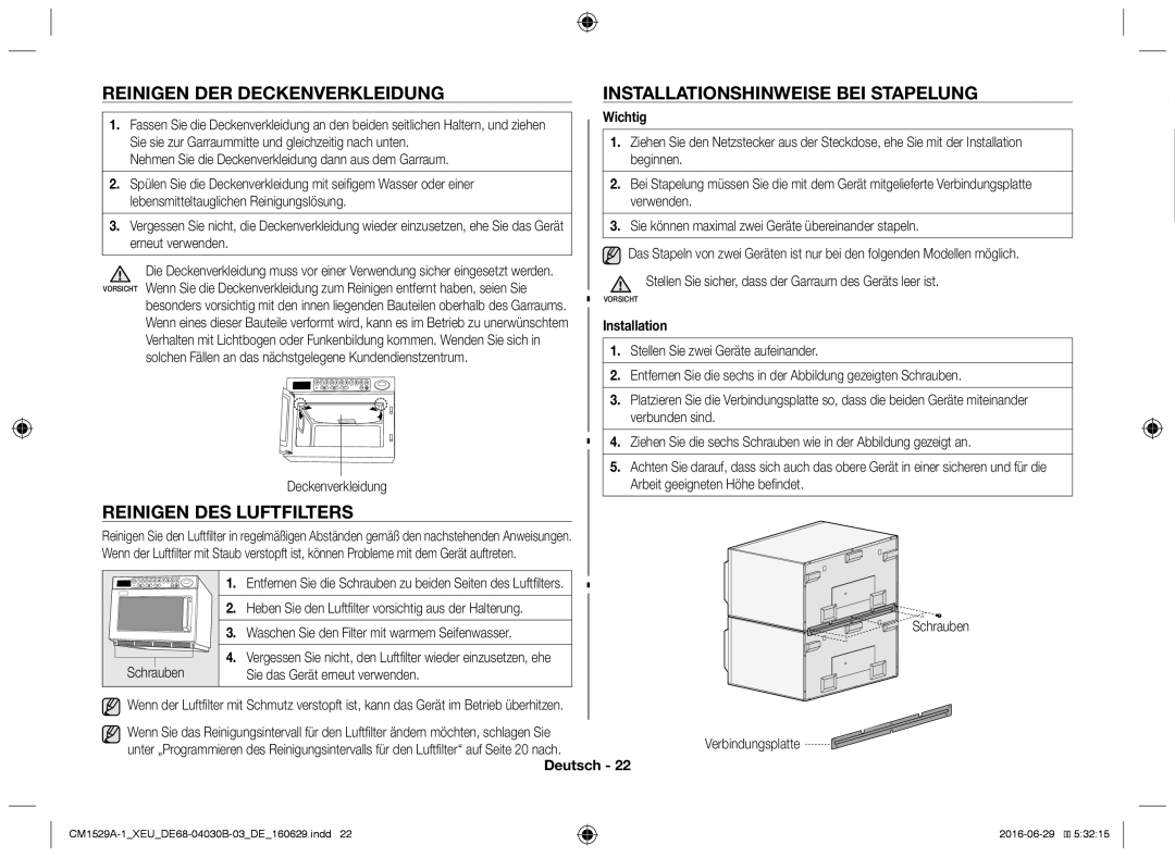 Samsung CM1929/XEF, CM1329A/XEU, CM1529A-1/XEU, CM1929A/XEU, CM1929/XET manual Reinigen des Luftfilters, Wichtig, Installation 