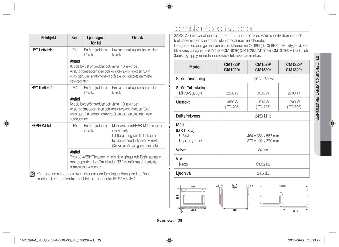 Samsung CM1529A-1/XEU, CM1329A/XEU, CM1929/XEF, CM1929A/XEU, CM1929/XET manual Tekniska specifikationer 