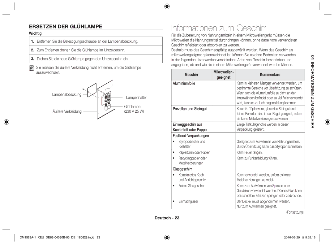 Samsung CM1929A/XEU, CM1329A/XEU Informationen zum Geschirr, Ersetzen der Glühlampe, Kommentare, Gmechirr Nezu Mationfor 