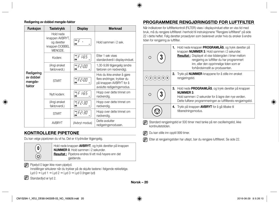 Samsung CM1929/XET Programmere rengjøringstid for luftfilter, Kontrollere pipetone, Redigering av dobbel mengde-faktor 