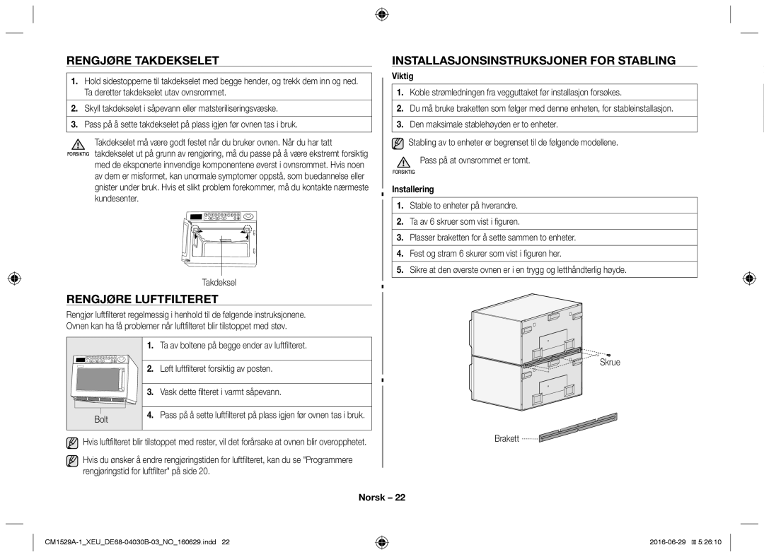 Samsung CM1529A-1/XEU, CM1329A/XEU Rengjøre takdekselet, Rengjøre luftfilteret, Installasjonsinstruksjoner for stabling 