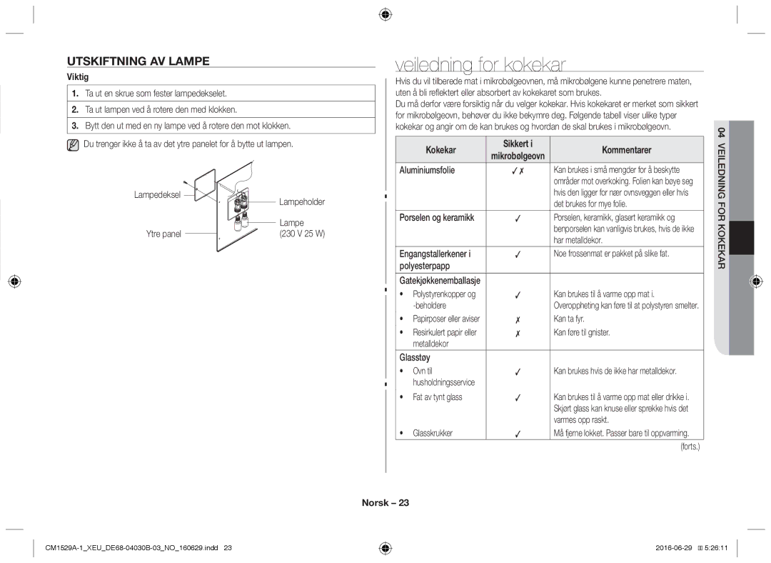 Samsung CM1929/XEF, CM1329A/XEU, CM1529A-1/XEU manual Veiledning for kokekar, Utskiftning av lampe, Kokekar, Kommentarer 