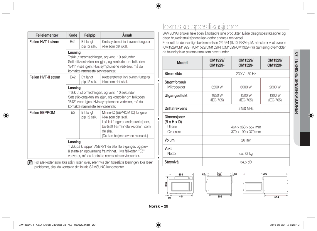 Samsung CM1929A/XEU, CM1329A/XEU, CM1529A-1/XEU, CM1929/XEF, CM1929/XET manual Tekniske spesifikasjoner 